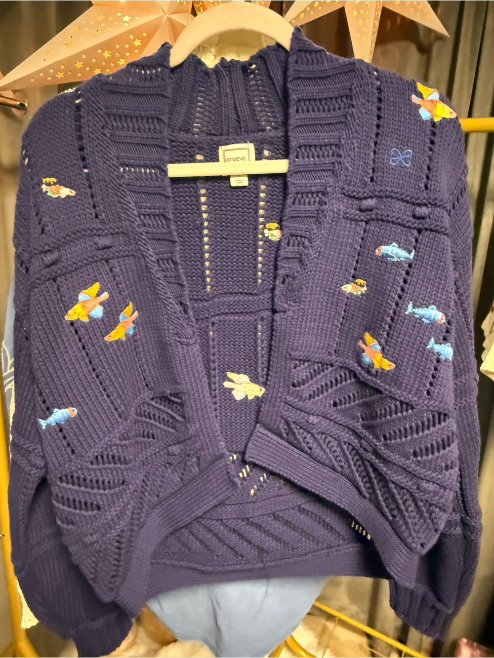 Maeve Anthropologie Embroidered Icons Cardigan Sweater- Navy Fish - Picture 7 of 9